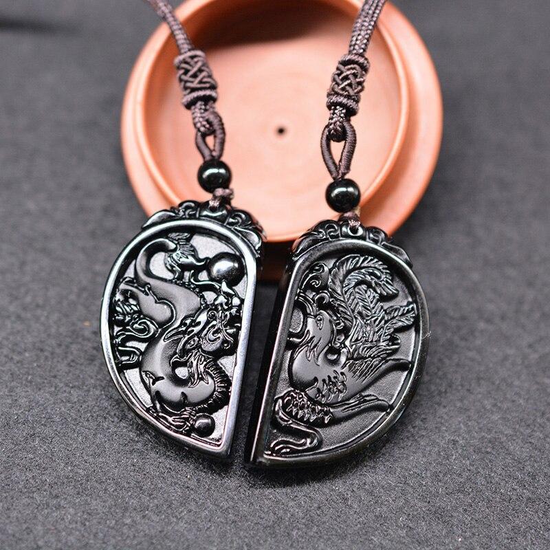 Halbes Herz Paar Halskette - Obsidian Drache & Phoenix AnhÀnger Set - Necklace - TaoTempel