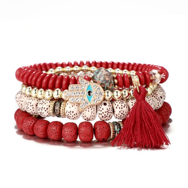 Hamsa Hand Böses Auge Boho Armband Set - Schutz gegen Bösen Blick - Bracelet - TaoTempel