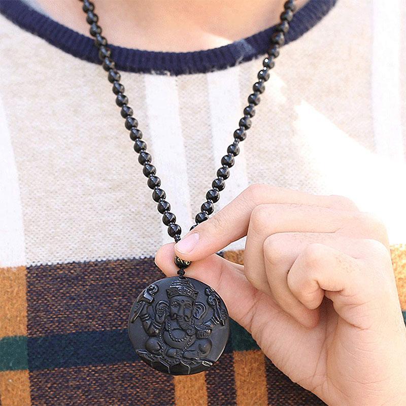 Obsidian Lord Ganesha Anhänger Hindu Kette - Halskette für Erfolg - Necklace - TaoTempel