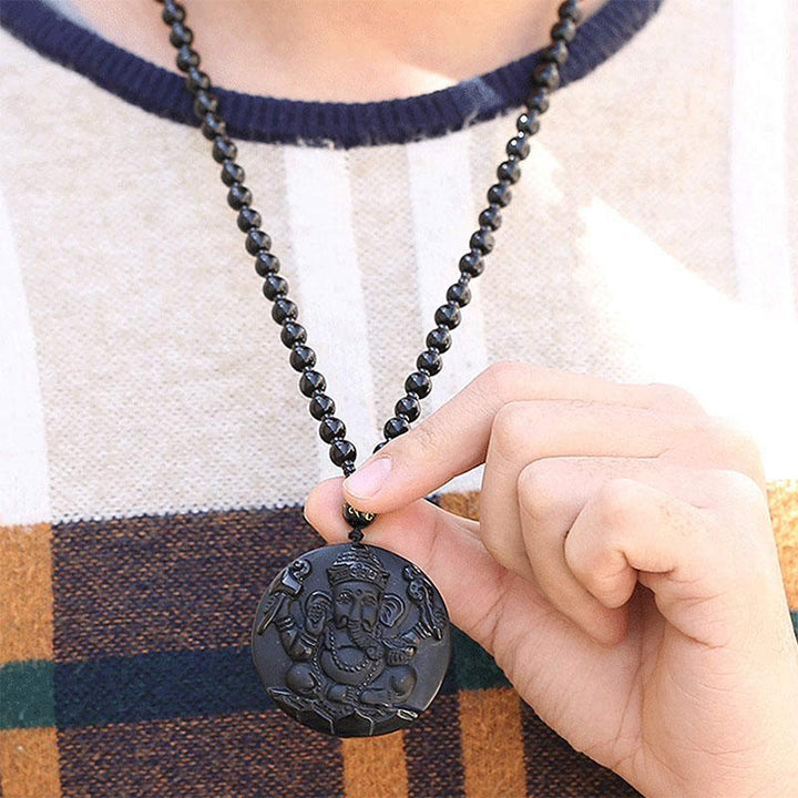 Obsidian Lord Ganesha Anhänger Hindu Kette - Halskette für Erfolg - Necklace - TaoTempel