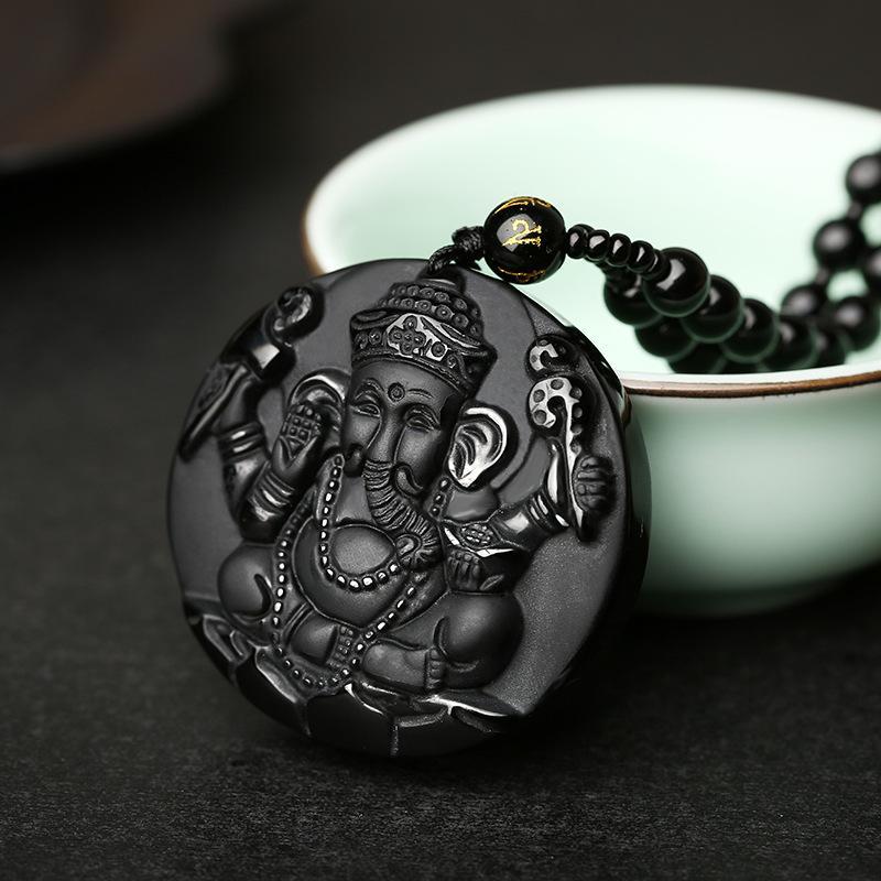 Obsidian Lord Ganesha Anhänger Hindu Kette - Halskette für Erfolg - Necklace - TaoTempel