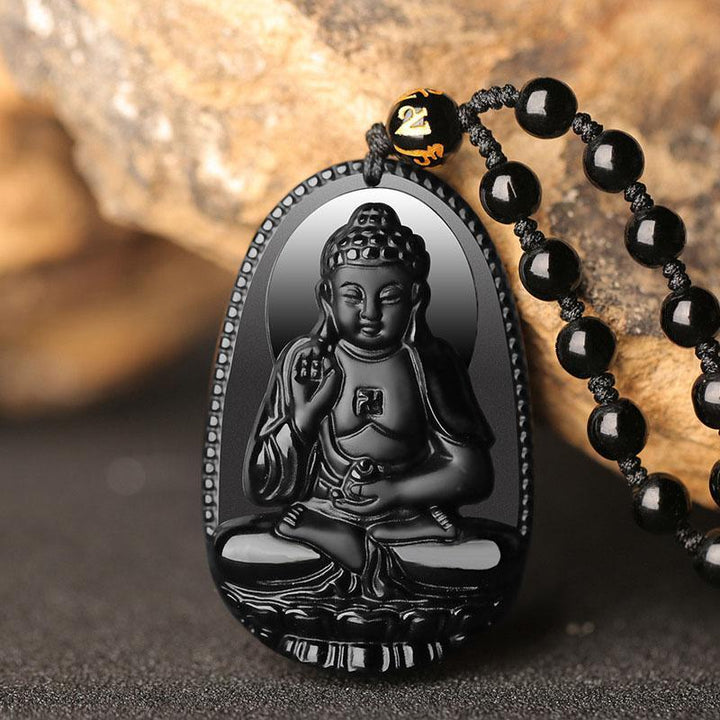 Schwarzer Obsidian Buddha Halskette - Schutz & Mut - Necklace - TaoTempel