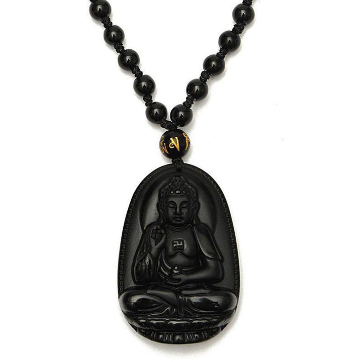 Schwarzer Obsidian Buddha Halskette - Schutz & Mut - Necklace - TaoTempel