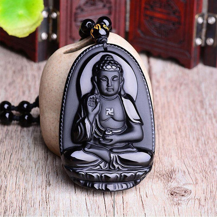 Schwarzer Obsidian Buddha Halskette - Schutz & Mut - Necklace - TaoTempel