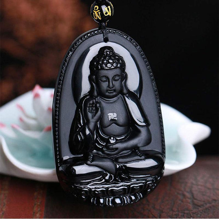 Schwarzer Obsidian Buddha Halskette - Schutz & Mut - Necklace - TaoTempel