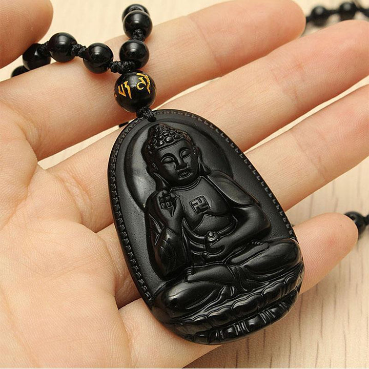 Schwarzer Obsidian Buddha Halskette - Schutz & Mut - Necklace - TaoTempel