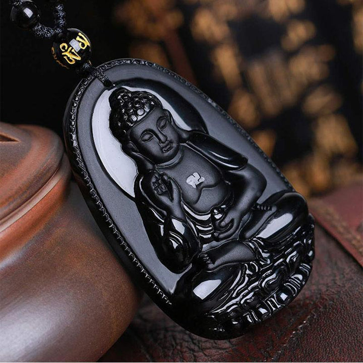 Schwarzer Obsidian Buddha Halskette - Schutz & Mut - Necklace - TaoTempel