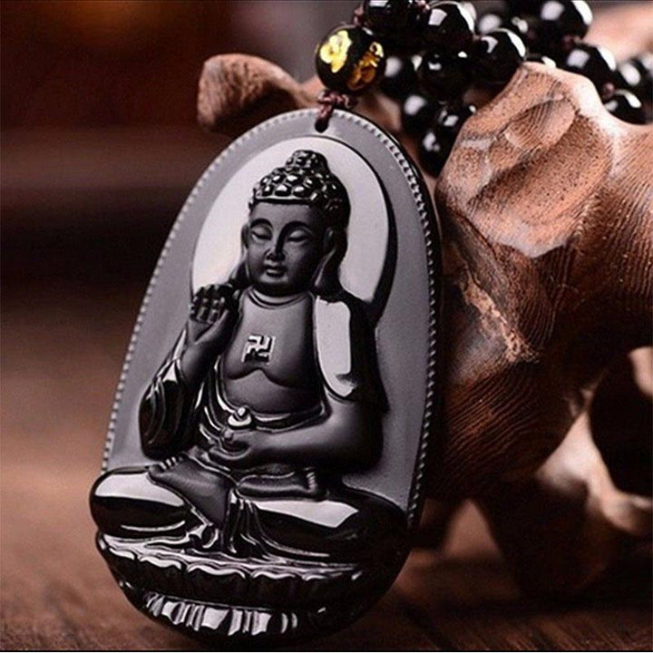 Schwarzer Obsidian Buddha Halskette - Schutz & Mut - Necklace - TaoTempel