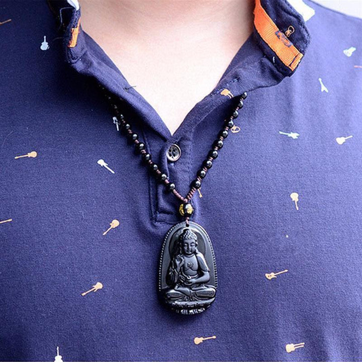 Schwarzer Obsidian Buddha Halskette - Schutz & Mut - Necklace - TaoTempel