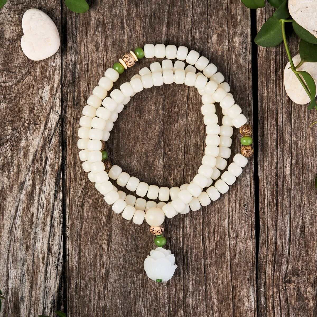 Weißes Jade Bodhi Samen Mala - 108 Perlen Armband/ Halskette - Mala Beads - TaoTempel