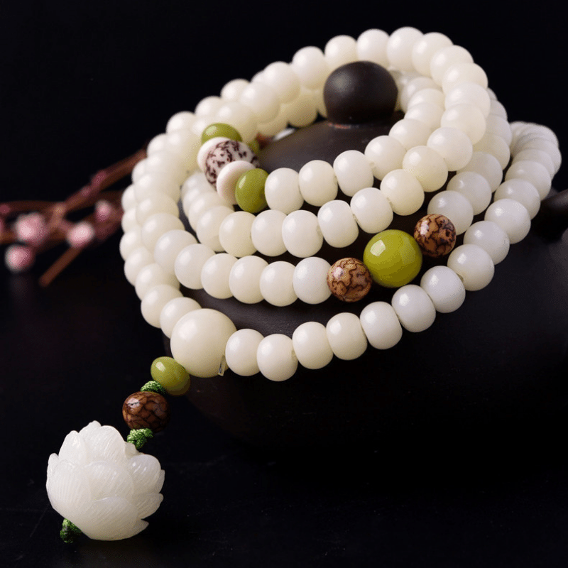 Weißes Jade Bodhi Samen Mala - 108 Perlen Armband/ Halskette - Mala Beads - TaoTempel