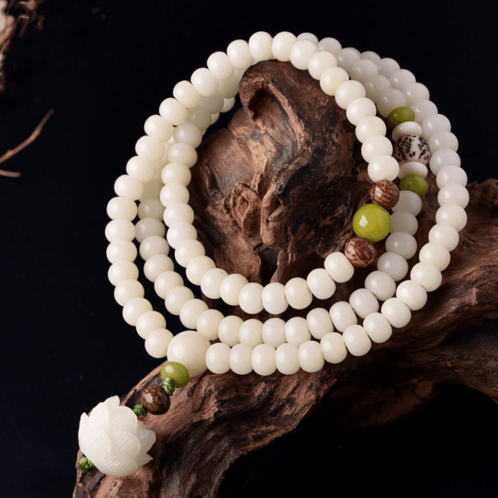 Weißes Jade Bodhi Samen Mala - 108 Perlen Armband/ Halskette - Mala Beads - TaoTempel