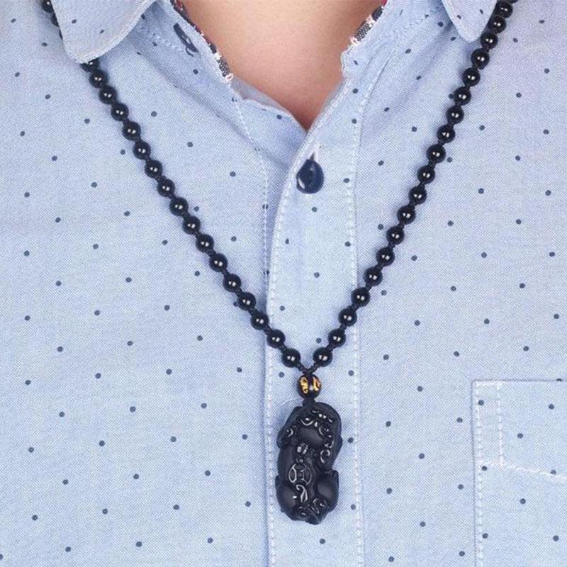 Schwarze Obsidian Halskette mit Pixiu - Schutz für Wohlstand - Necklace - TaoTempel