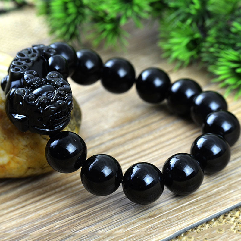 Obsidian Perlen Armband mit Pixiu - Schutz des Wohlstands - Bracelet - TaoTempel