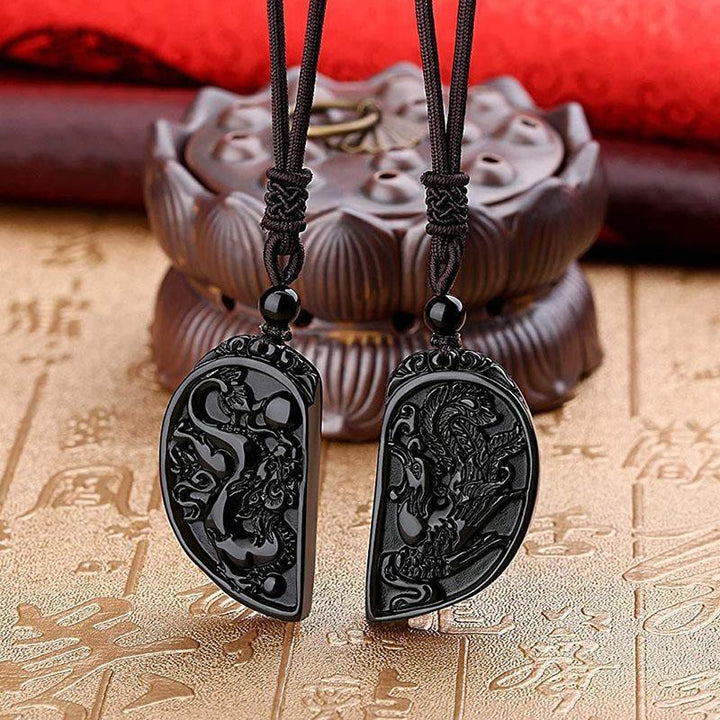 Halbes Herz Paar Halskette - Obsidian Drache & Phoenix Anhänger Set - Necklace - TaoTempel