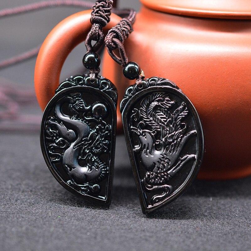 Halbes Herz Paar Halskette - Obsidian Drache & Phoenix Anhänger Set - Necklace - TaoTempel