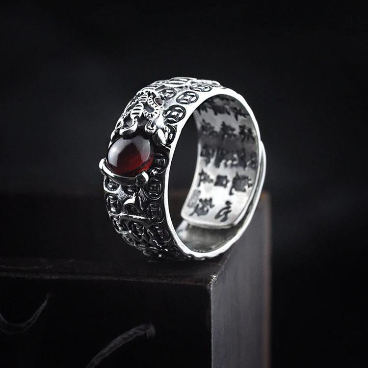 Natürlicher Granat Pixiu Ring - Feng Shui Ring für Reichtum - Ring - TaoTempel