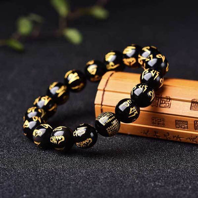 Obsidian Perlen Armband Handgefertigtes mit Mani Mantra Gravur - Bracelet - TaoTempel
