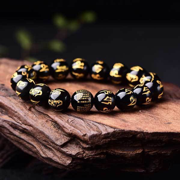 Obsidian Perlen Armband Handgefertigtes mit Mani Mantra Gravur - Bracelet - TaoTempel
