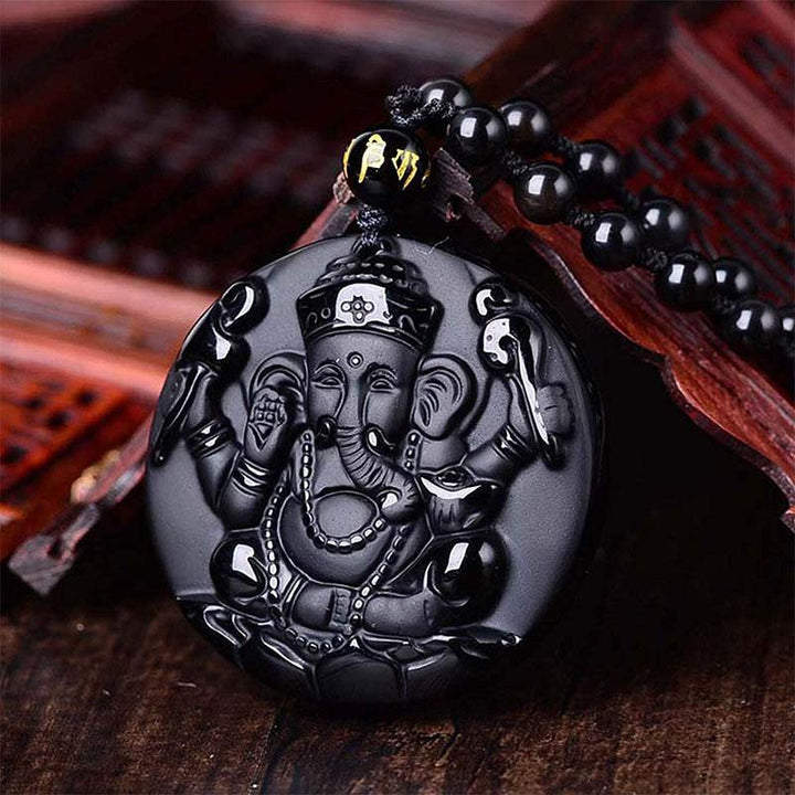 Obsidian Lord Ganesha Anhänger Hindu Kette - Halskette für Erfolg - Necklace - TaoTempel