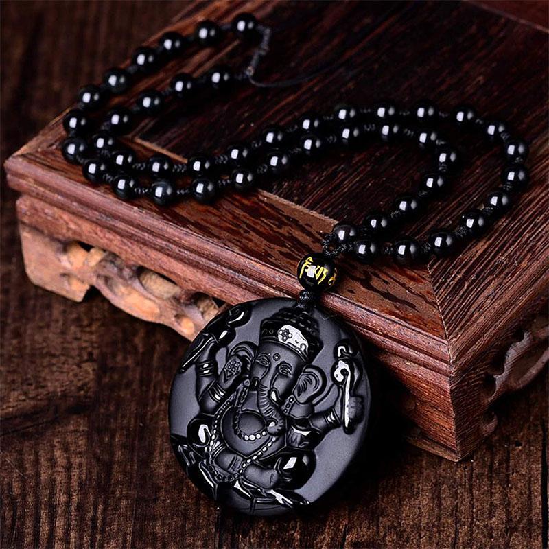 Obsidian Lord Ganesha Anhänger Hindu Kette - Halskette für Erfolg - Necklace - TaoTempel