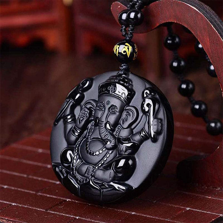 Obsidian Lord Ganesha Anhänger Hindu Kette - Halskette für Erfolg - Necklace - TaoTempel
