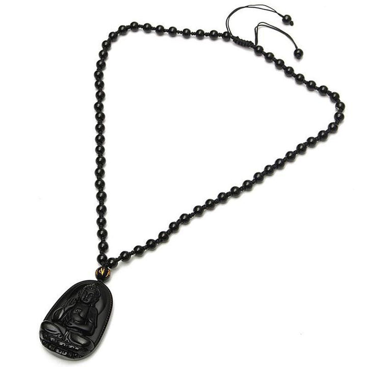 Schwarzer Obsidian Buddha Halskette - Schutz & Mut - Necklace - TaoTempel