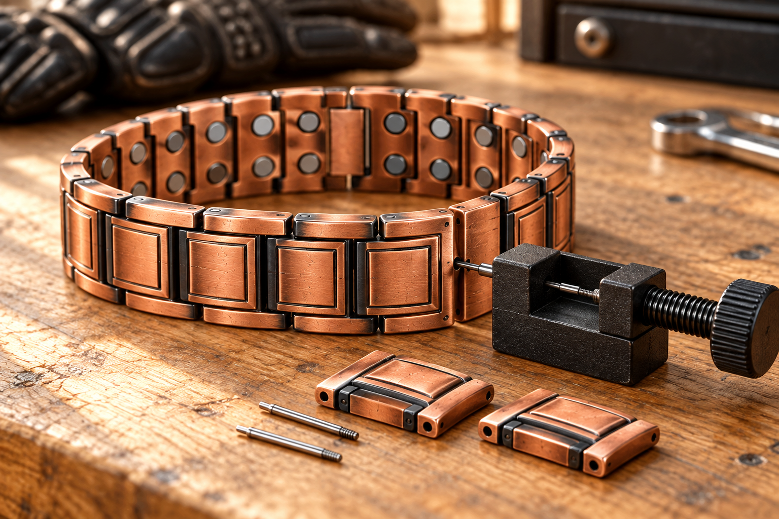 Kupferarmband mit Gliedern und Werkzeug zur Größenanpassung